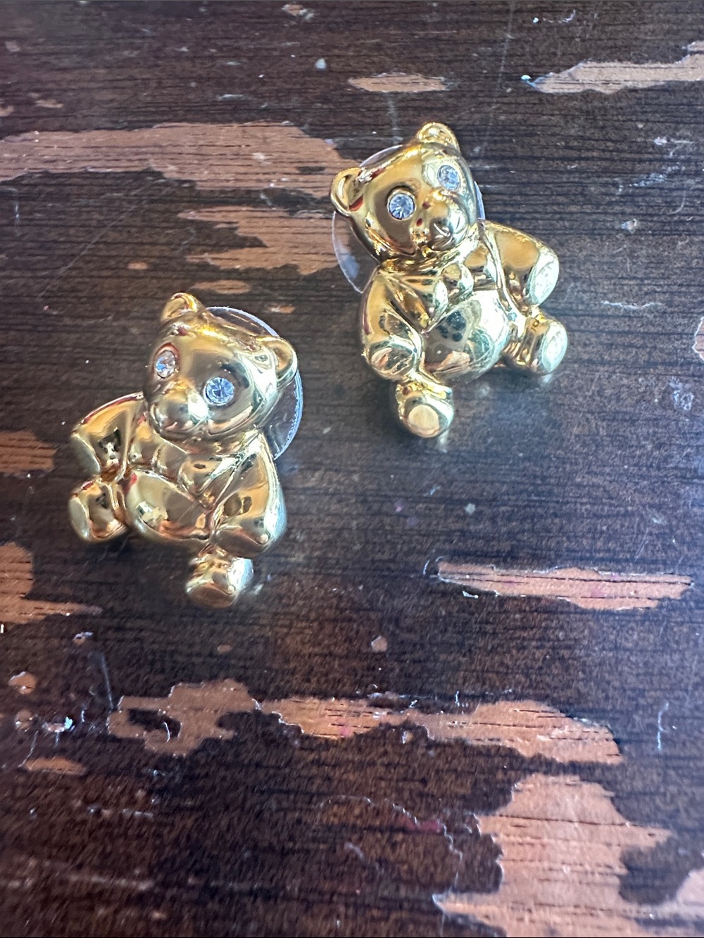 Anne Klein gold plate psycho Teddy earrings rhinestone eyes